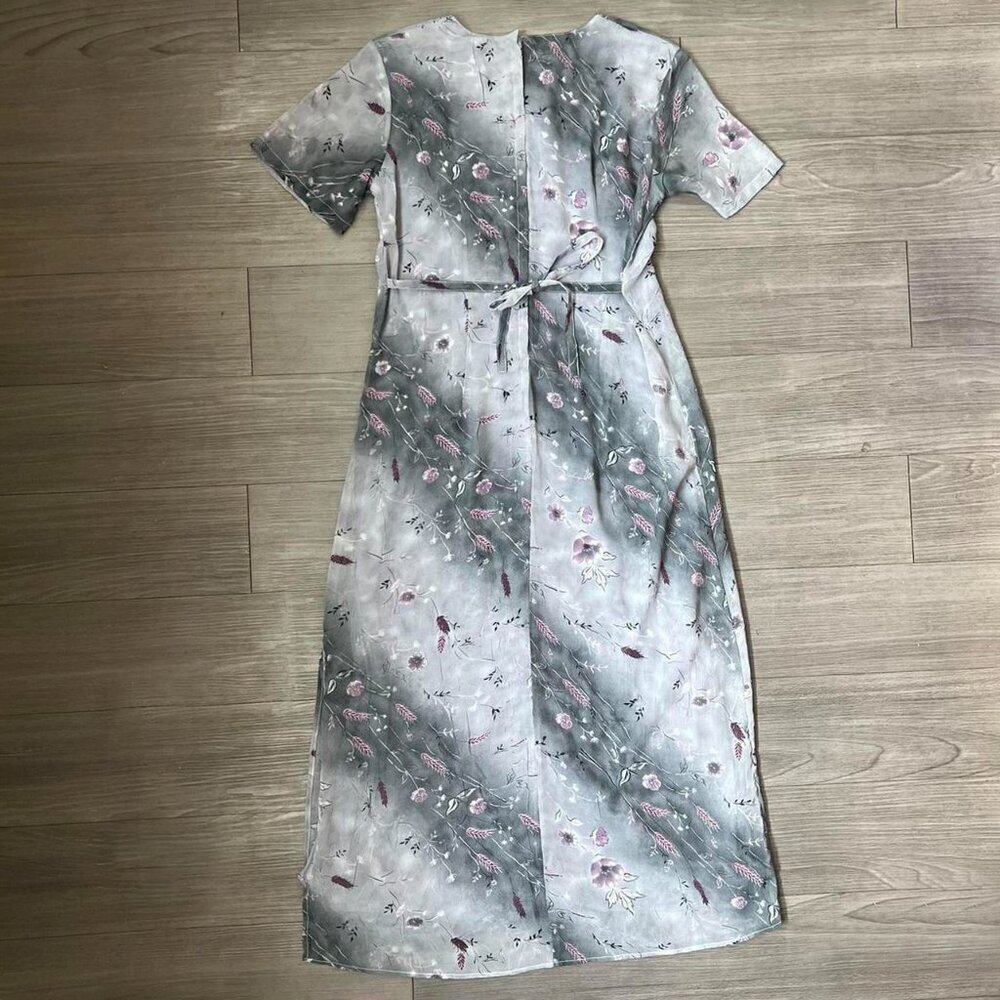 Vintage 90s Gray & Purple Floral Striped Maxi Shirt Dress W/ Waist Tie Size S - Picture 2 of 7